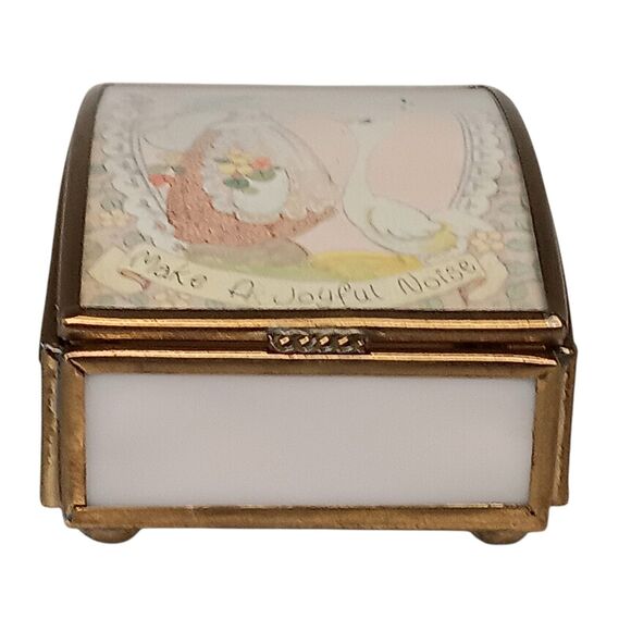 VTG Brass & Pink Slag Glass Trinket Box Cute Girl & Duck Make A Joyful Noise - Picture 5 of 16